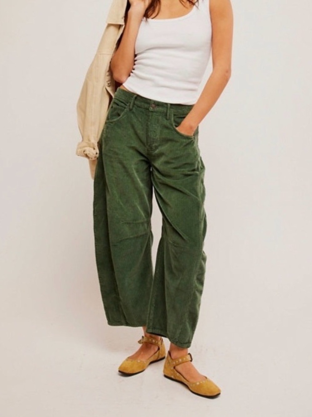 We the Free Good Luck Mid-Rise Cord Barrel Jeans 29 green free people